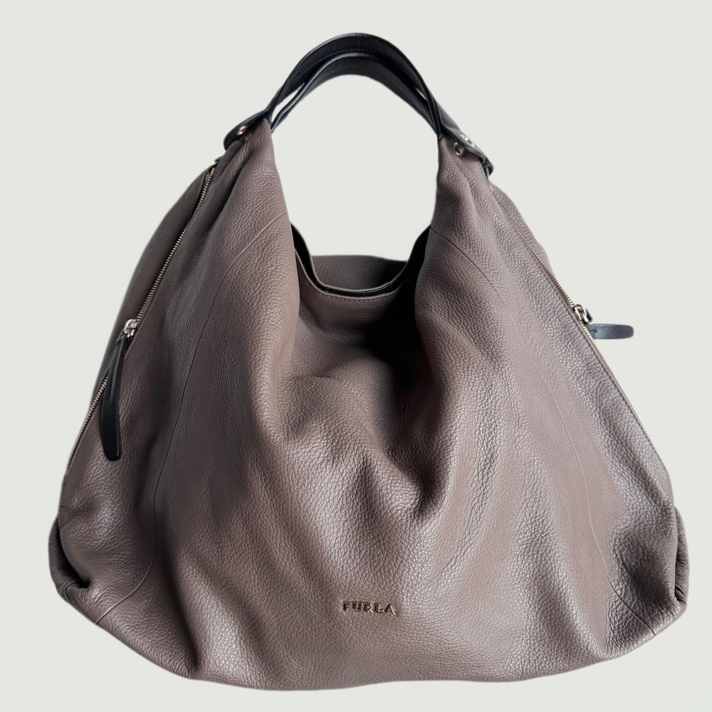Furla Elisabeth Pebbled Leather Hobo Shoulder‎ Bag Taupe Black Elizabeth Handbag